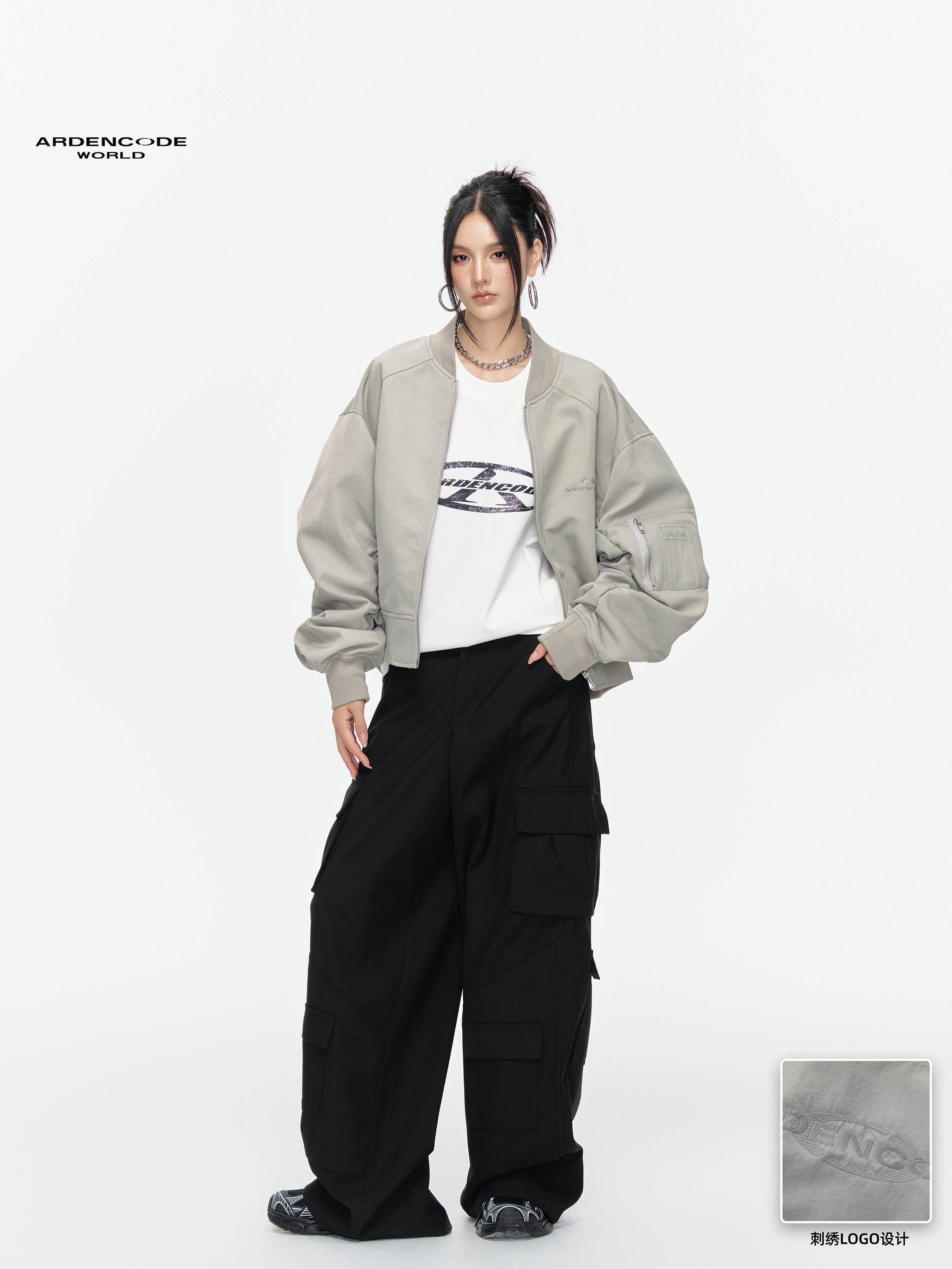 ARDENCODE Unisex Oversized Crew Neck Ruched Bomber Flight Jacket
