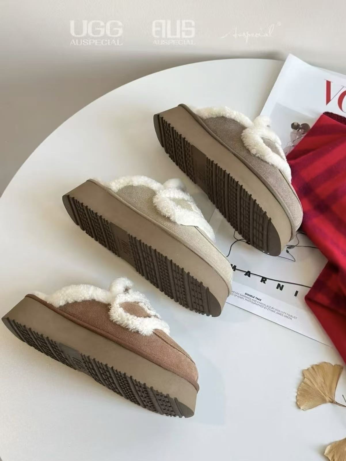 UGG AUS Ozwear Fur Slippers(removable velcro patch + heel strap)