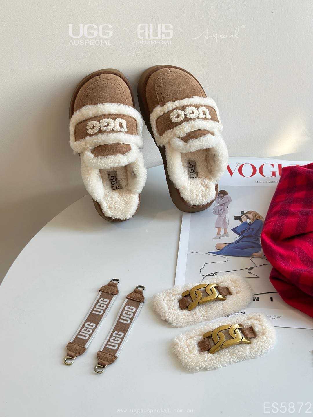 UGG AUS Ozwear Fur Slippers(removable velcro patch + heel strap)
