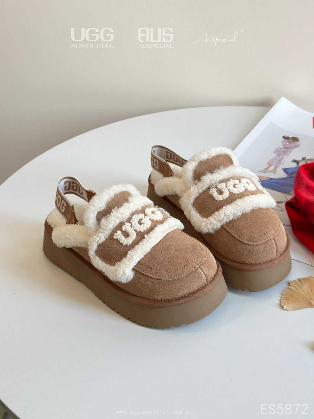 UGG AUS Ozwear Fur Slippers(removable velcro patch + heel strap)
