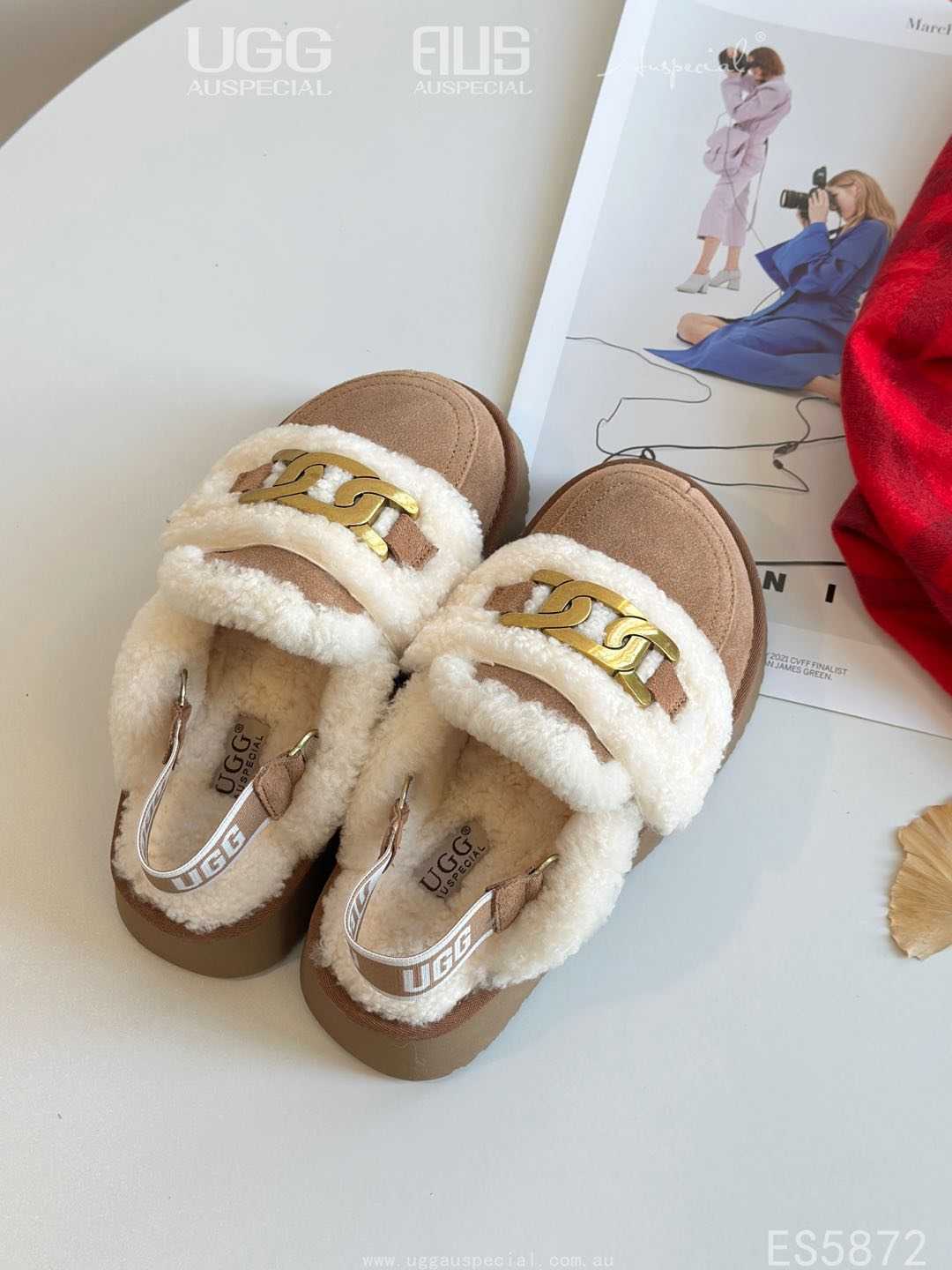 UGG AUS Ozwear Fur Slippers(removable velcro patch + heel strap)