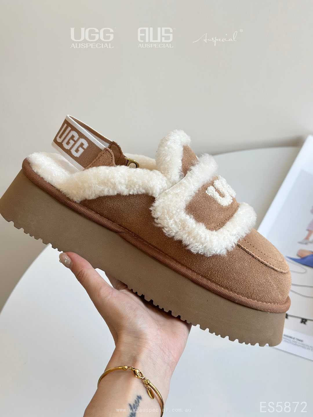 UGG AUS Ozwear Fur Slippers(removable velcro patch + heel strap)