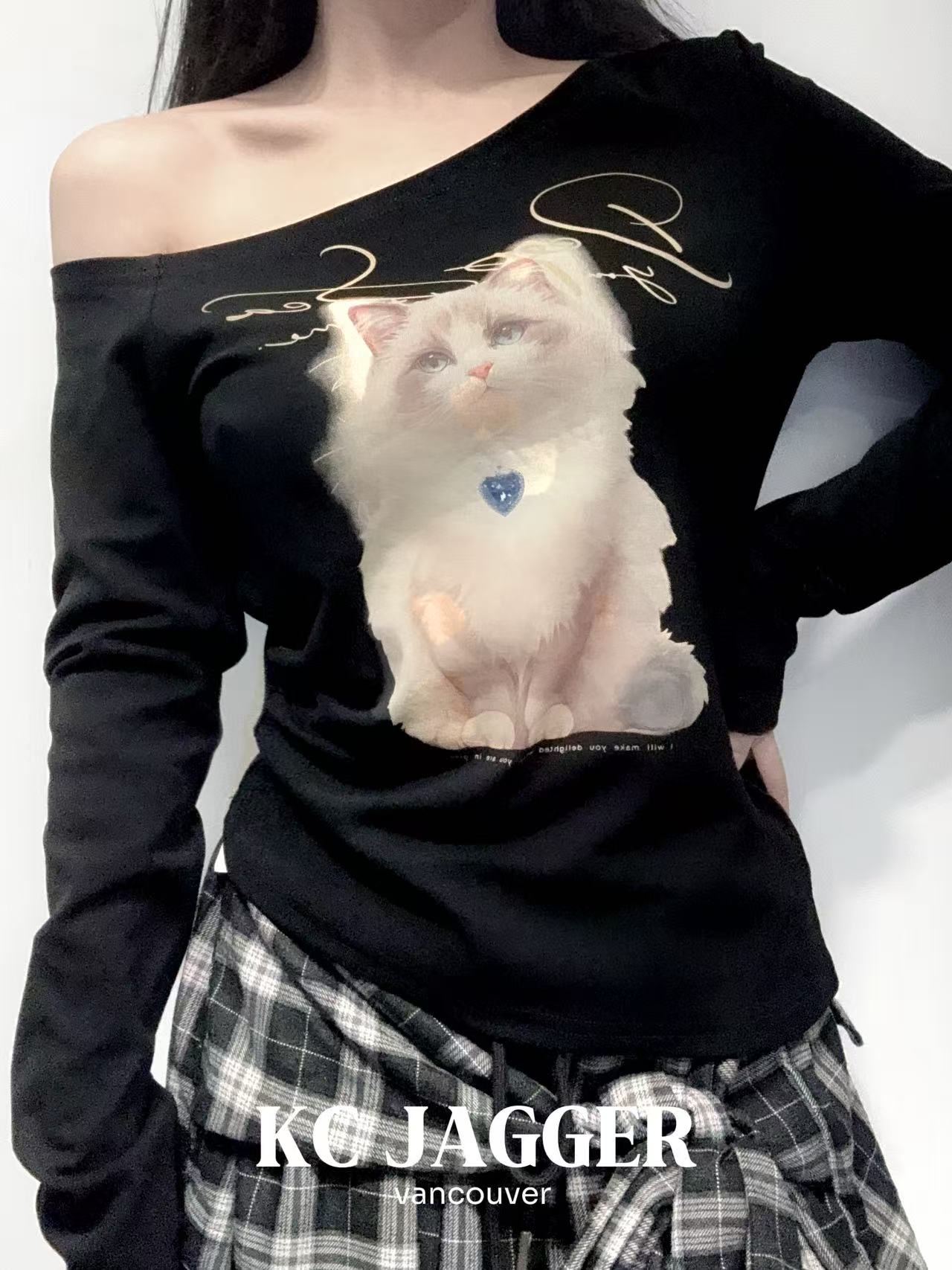 KC JAGGER Cat Print One-Shoulder Top