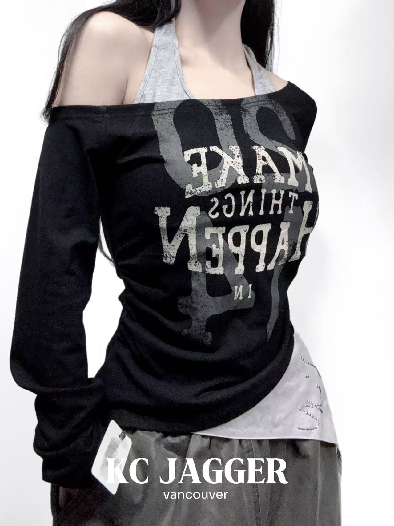 KC JAGGER Halter Neck Layered-Style Long Sleeve T-Shirt