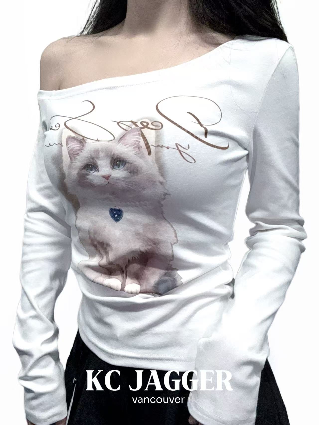 KC JAGGER Cat Print One-Shoulder Top