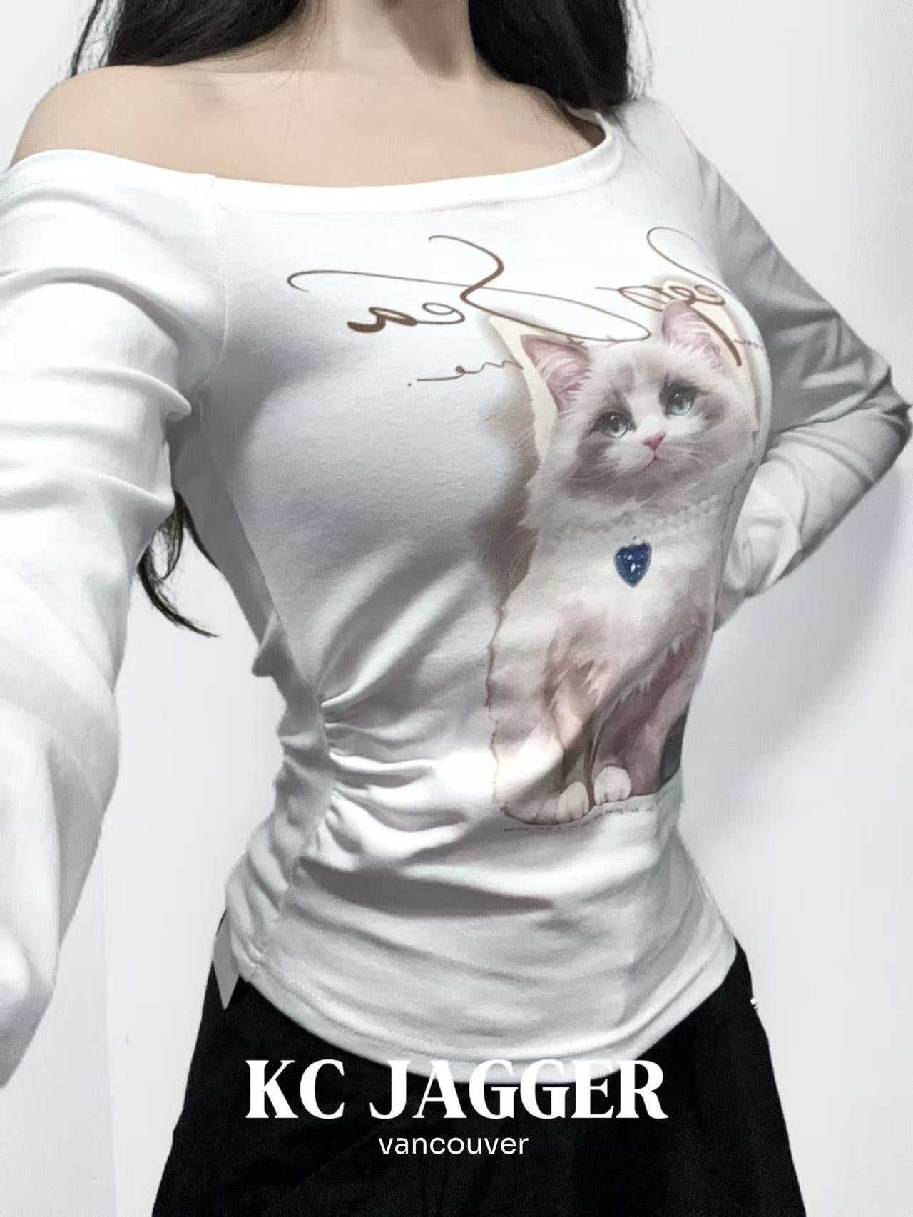 KC JAGGER Cat Print One-Shoulder Top