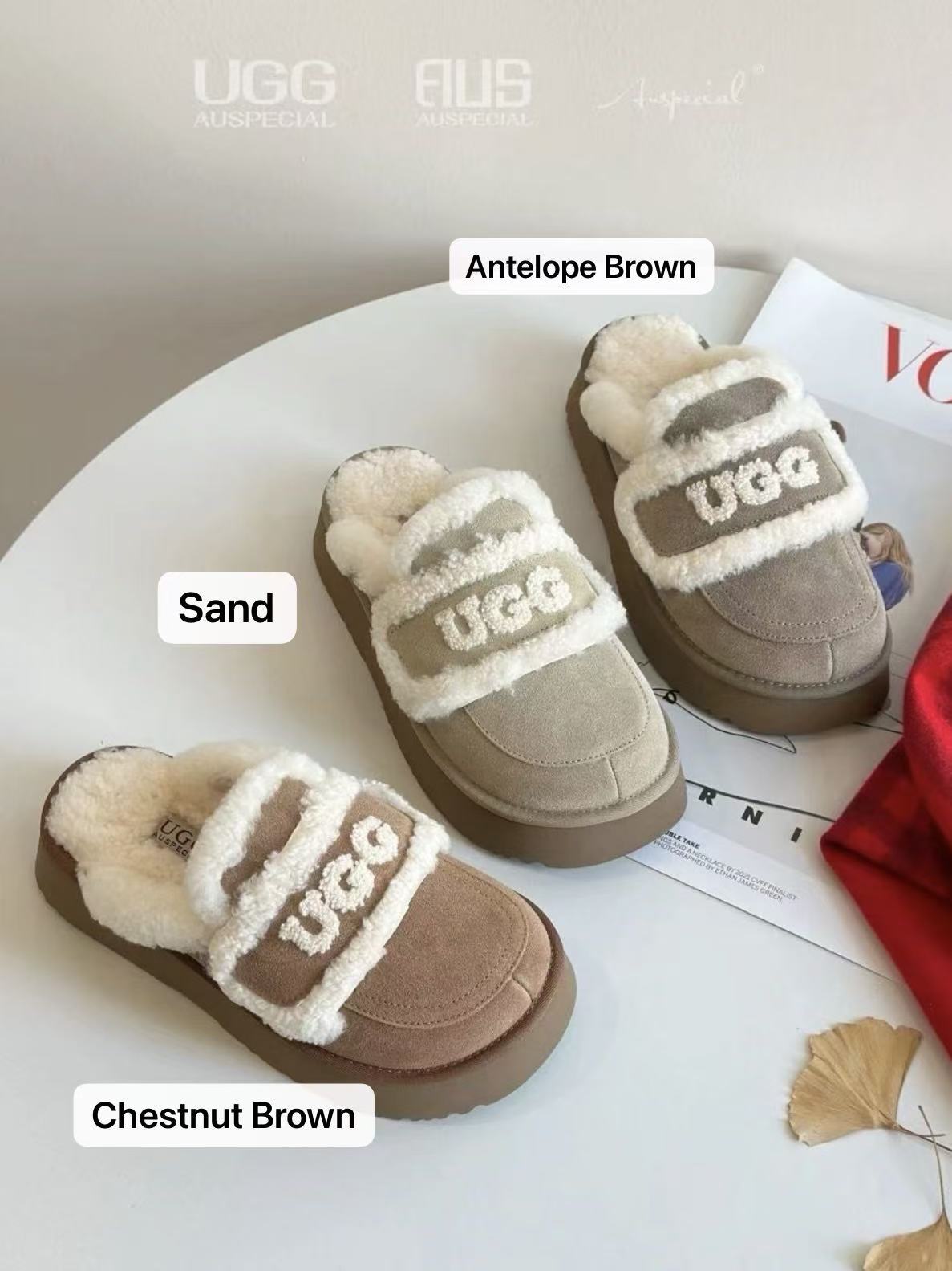 UGG AUS Ozwear Fur Slippers(removable velcro patch + heel strap)