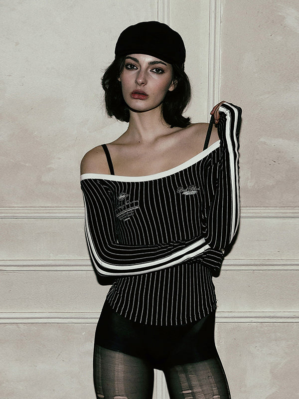 Striped Slim Fit Off-Shoulder Long Sleeve T-Shirt Top