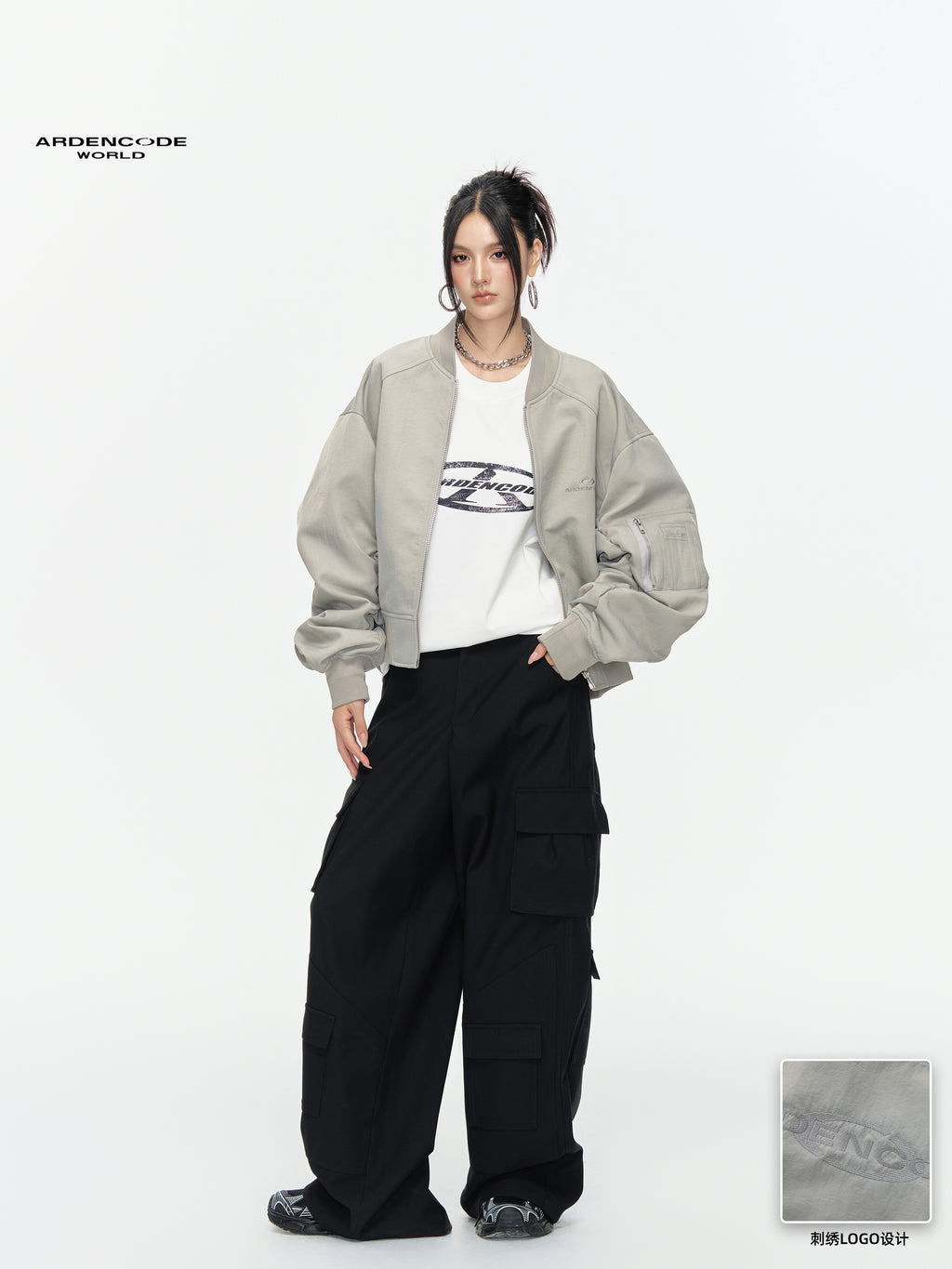 ARDENCODE Unisex Oversized Crew Neck Ruched Bomber Flight Jacket