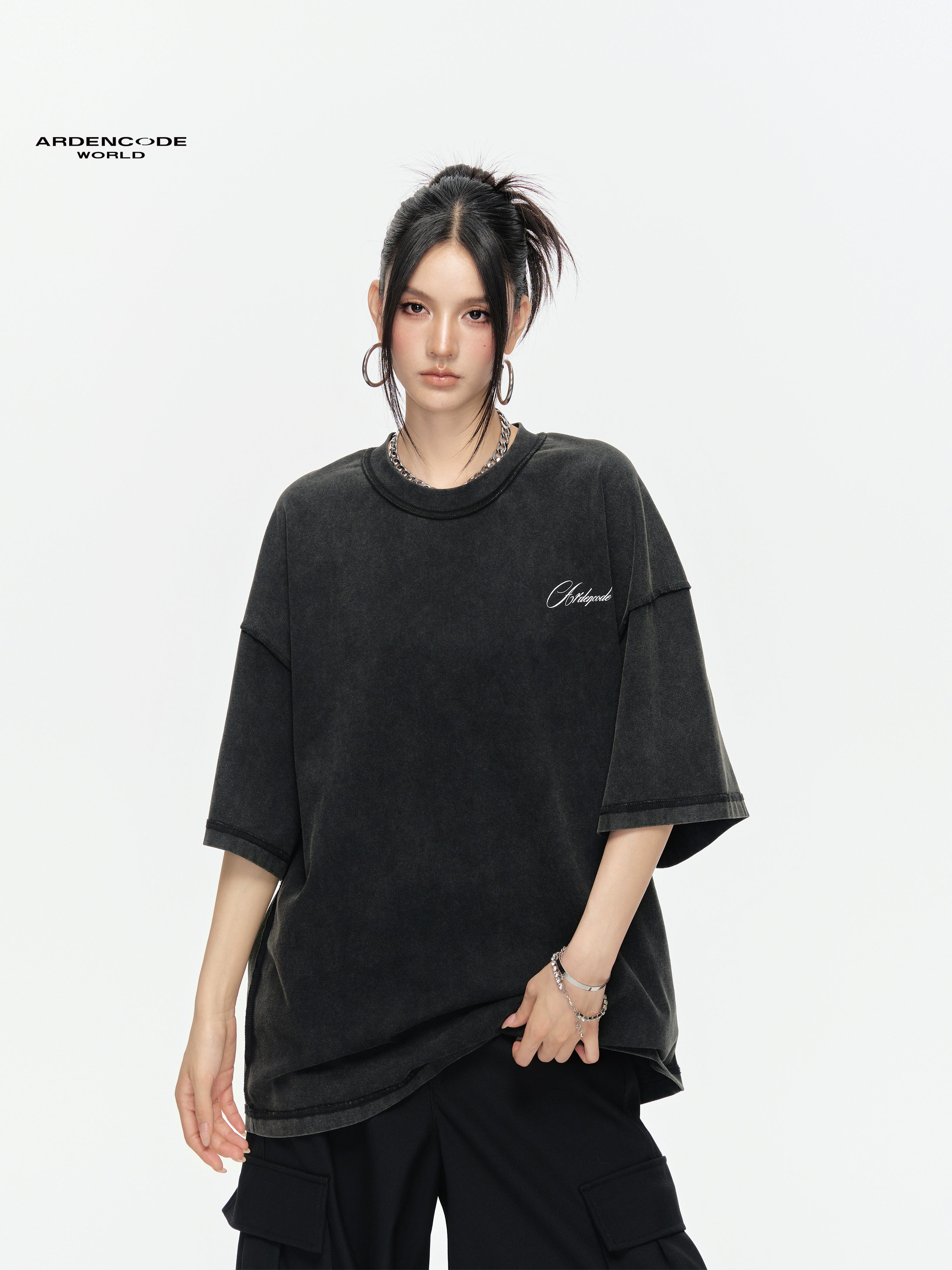 ARDENCODE Washed Vintage Patchwork Oversized Crewneck 280g Pure Cotton  T-Shirt