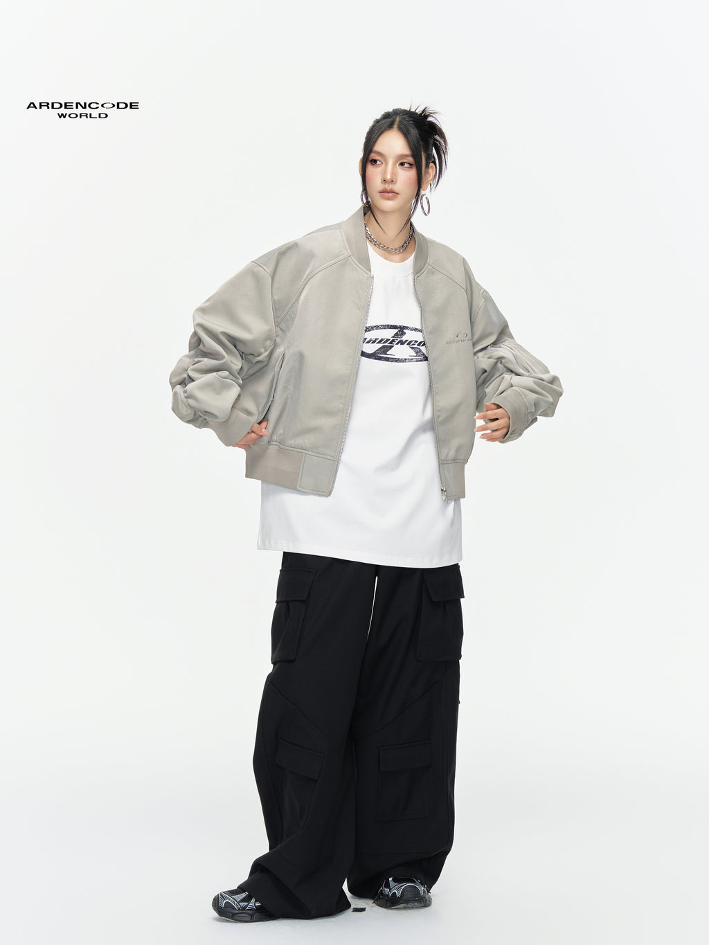 ARDENCODE Unisex Oversized Crew Neck Ruched Bomber Flight Jacket