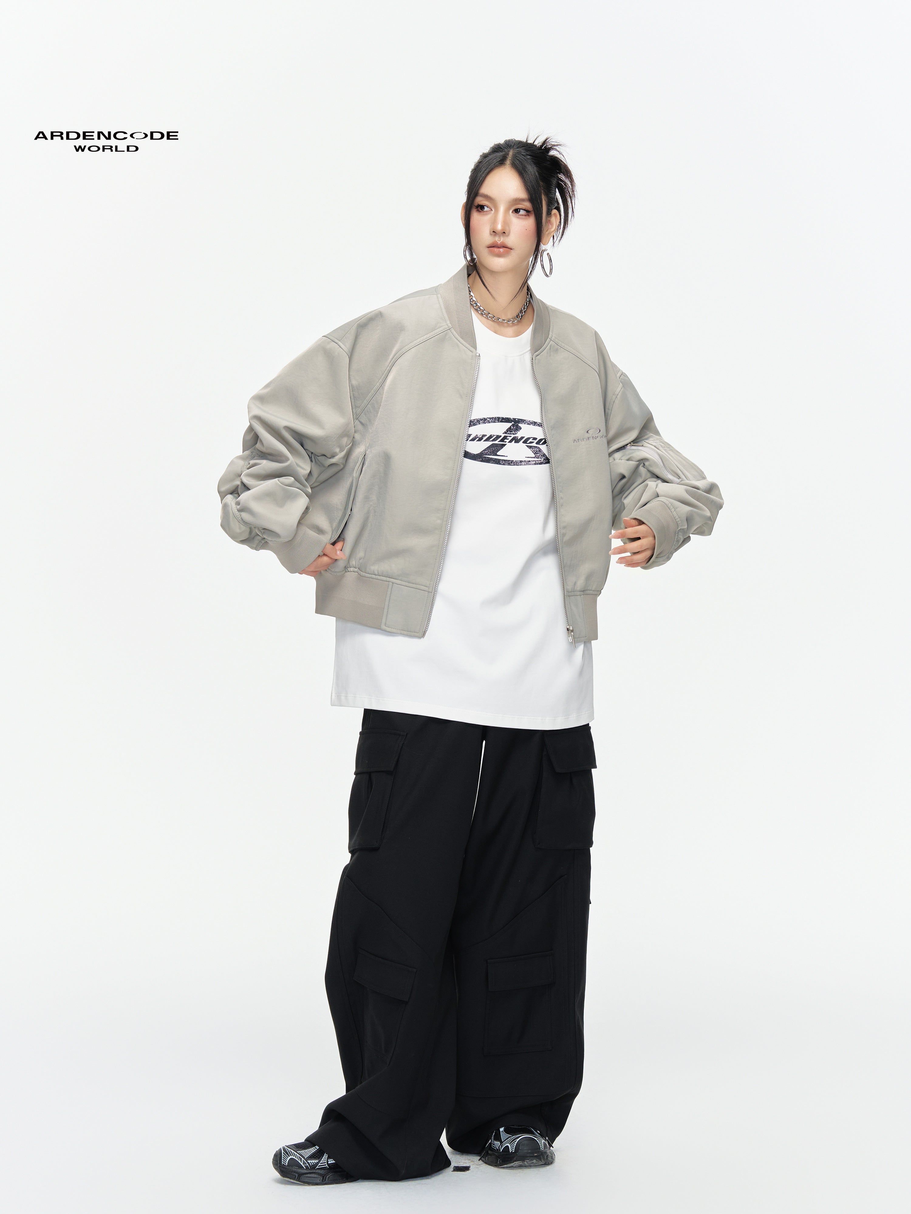 ARDENCODE Unisex Oversized Crew Neck Ruched Bomber Flight Jacket