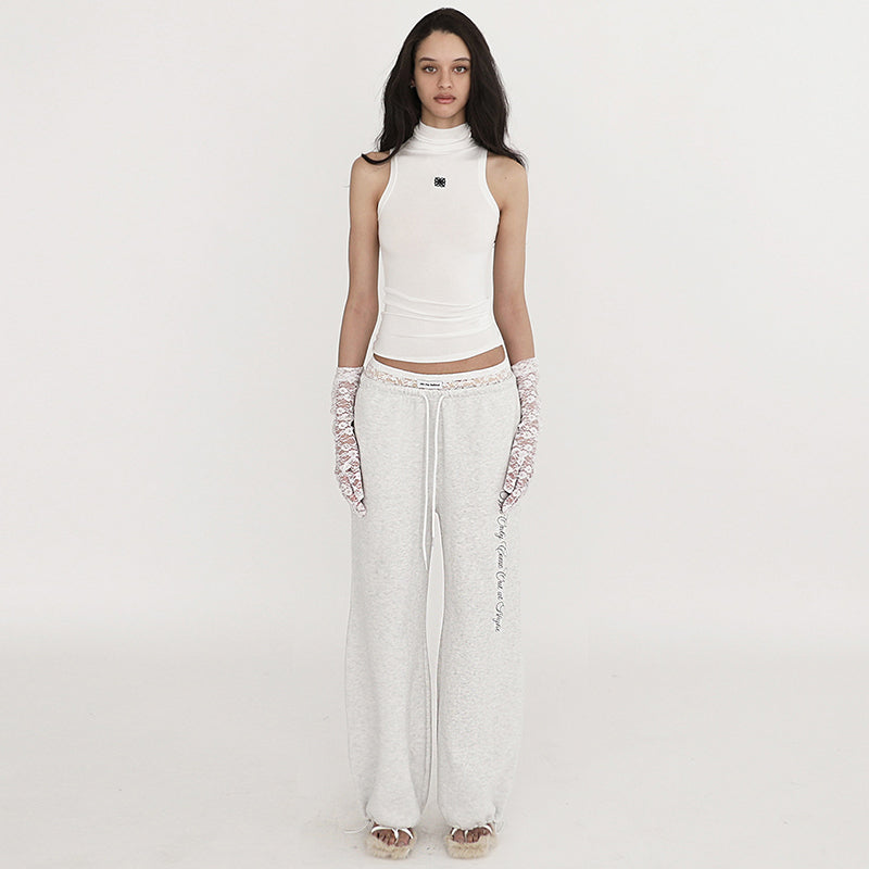 Lace Trim Embroidered Joggers – Loose Fit Streetwear Pants