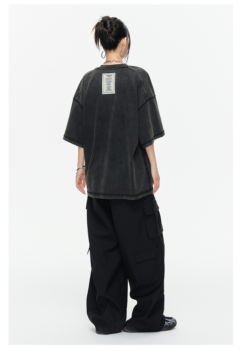ARDENCODE Washed Vintage Patchwork Oversized Crewneck 280g Pure Cotton  T-Shirt