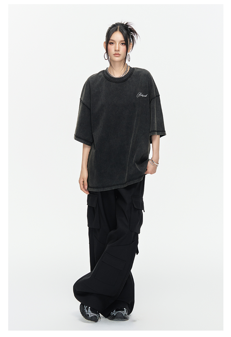ARDENCODE Washed Vintage Patchwork Oversized Crewneck 280g Pure Cotton  T-Shirt