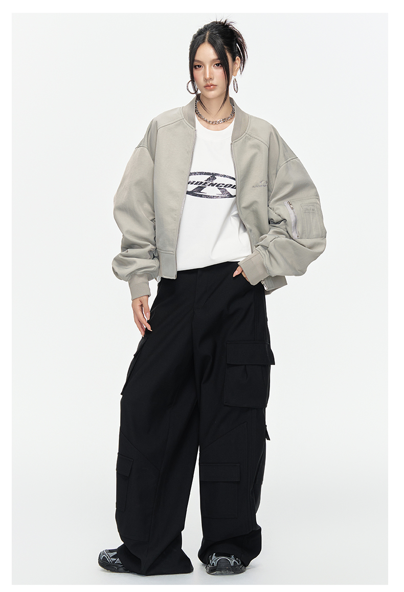 ARDENCODE Unisex Oversized Crew Neck Ruched Bomber Flight Jacket