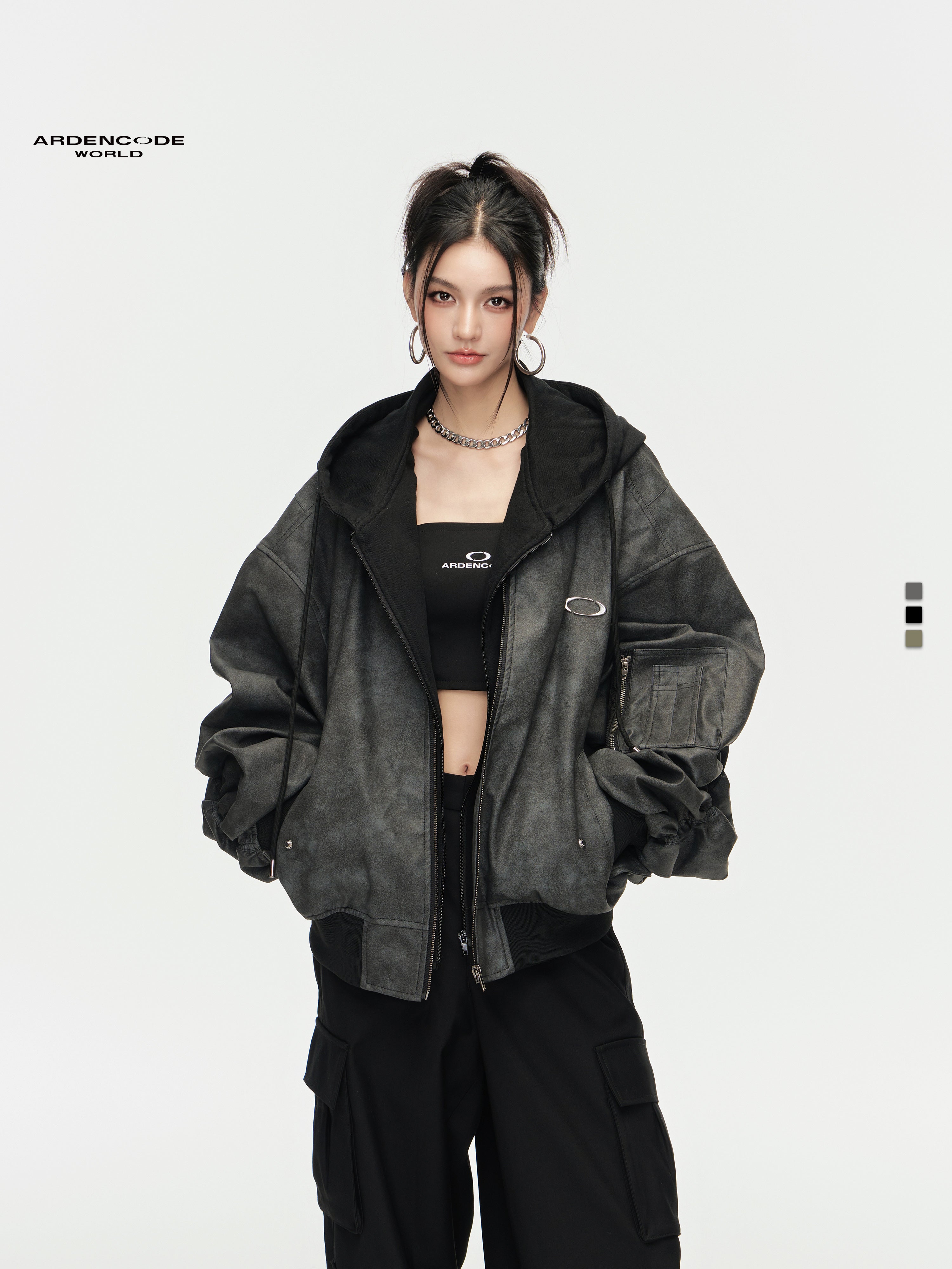 Oversized Hooded PU Baseball Jacket