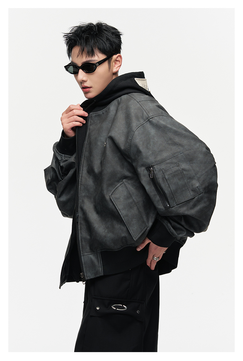 Oversized Hooded PU Baseball Jacket