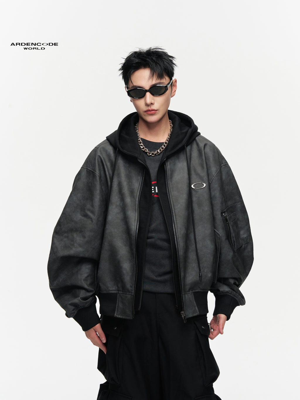 Oversized Hooded PU Baseball Jacket