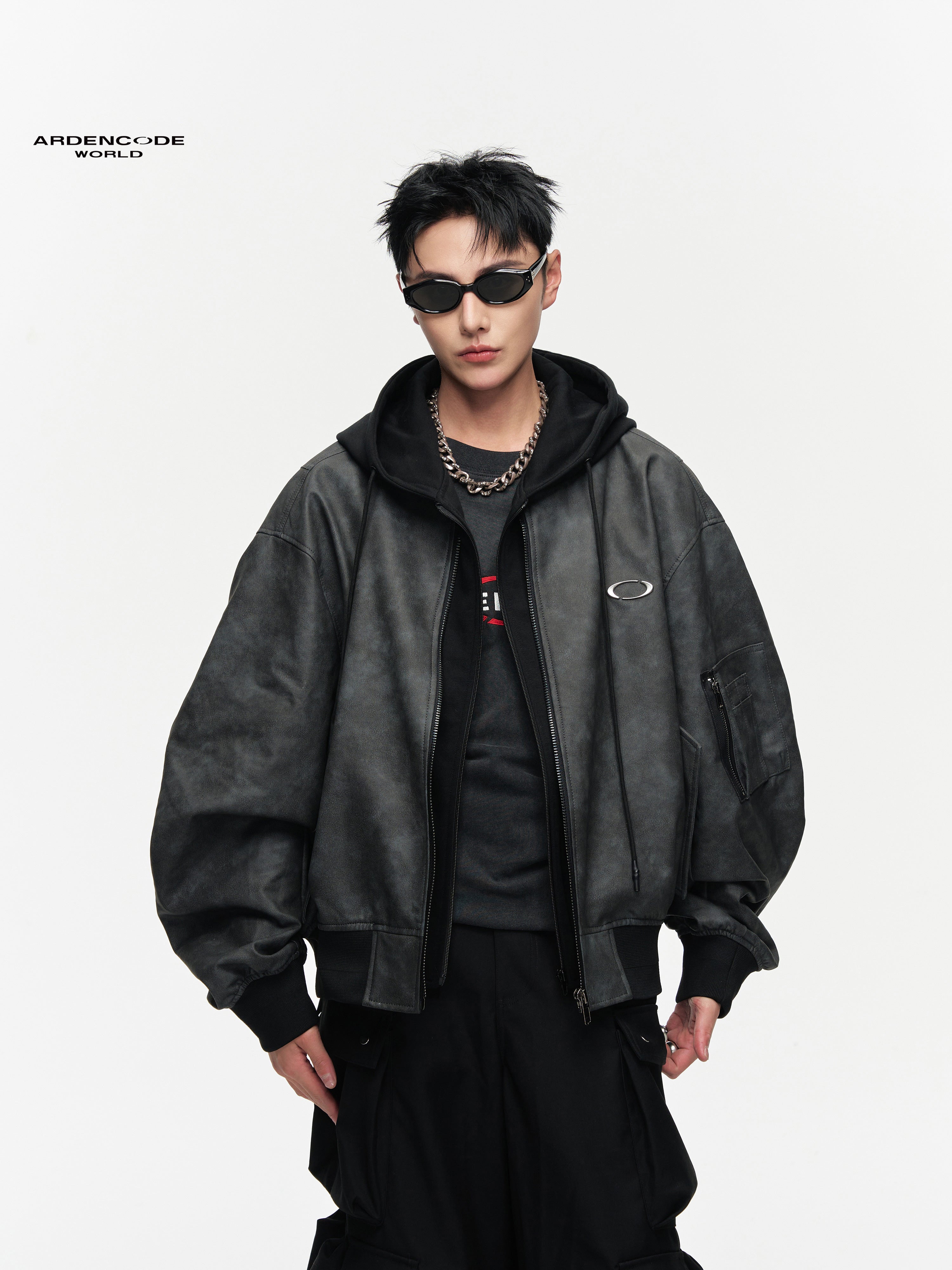 Oversized Hooded PU Baseball Jacket
