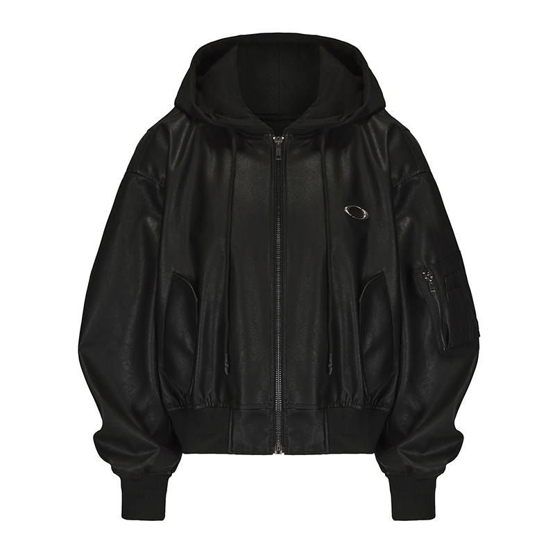Oversized Hooded PU Baseball Jacket