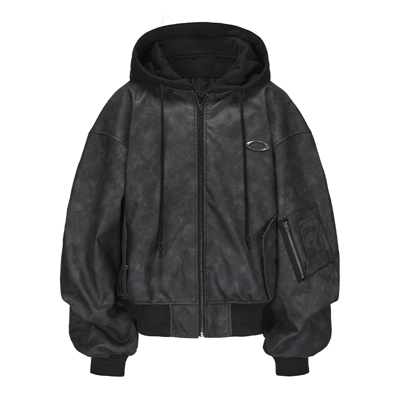 Oversized Hooded PU Baseball Jacket