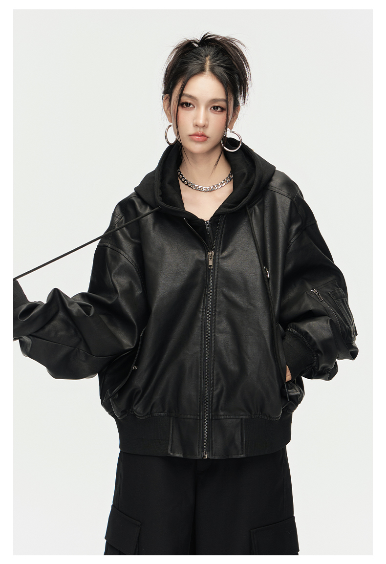 Oversized Hooded PU Baseball Jacket