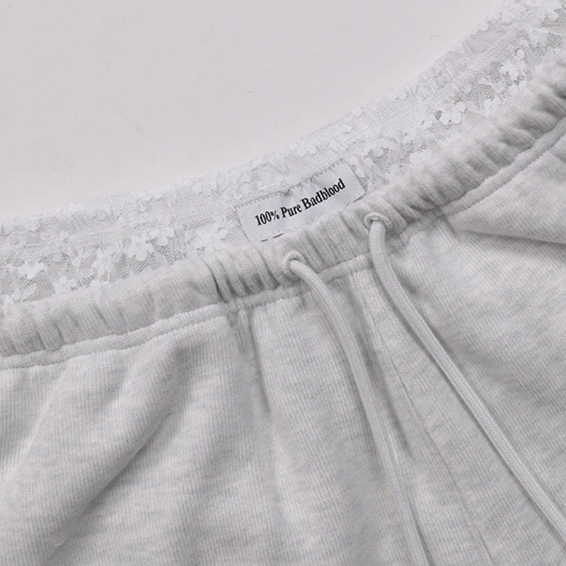 Lace Trim Embroidered Joggers – Loose Fit Streetwear Pants