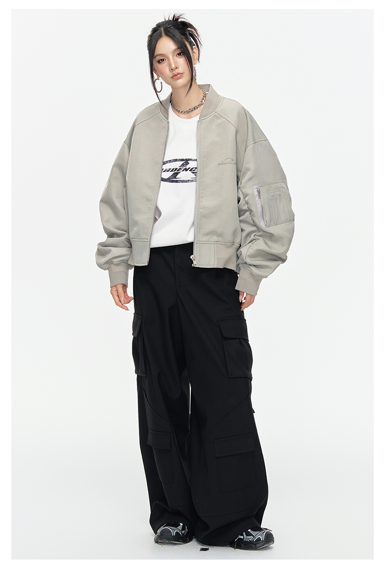 ARDENCODE Unisex Oversized Crew Neck Ruched Bomber Flight Jacket