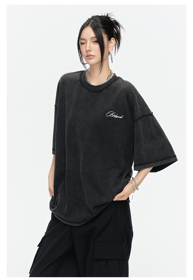 ARDENCODE Washed Vintage Patchwork Oversized Crewneck 280g Pure Cotton  T-Shirt
