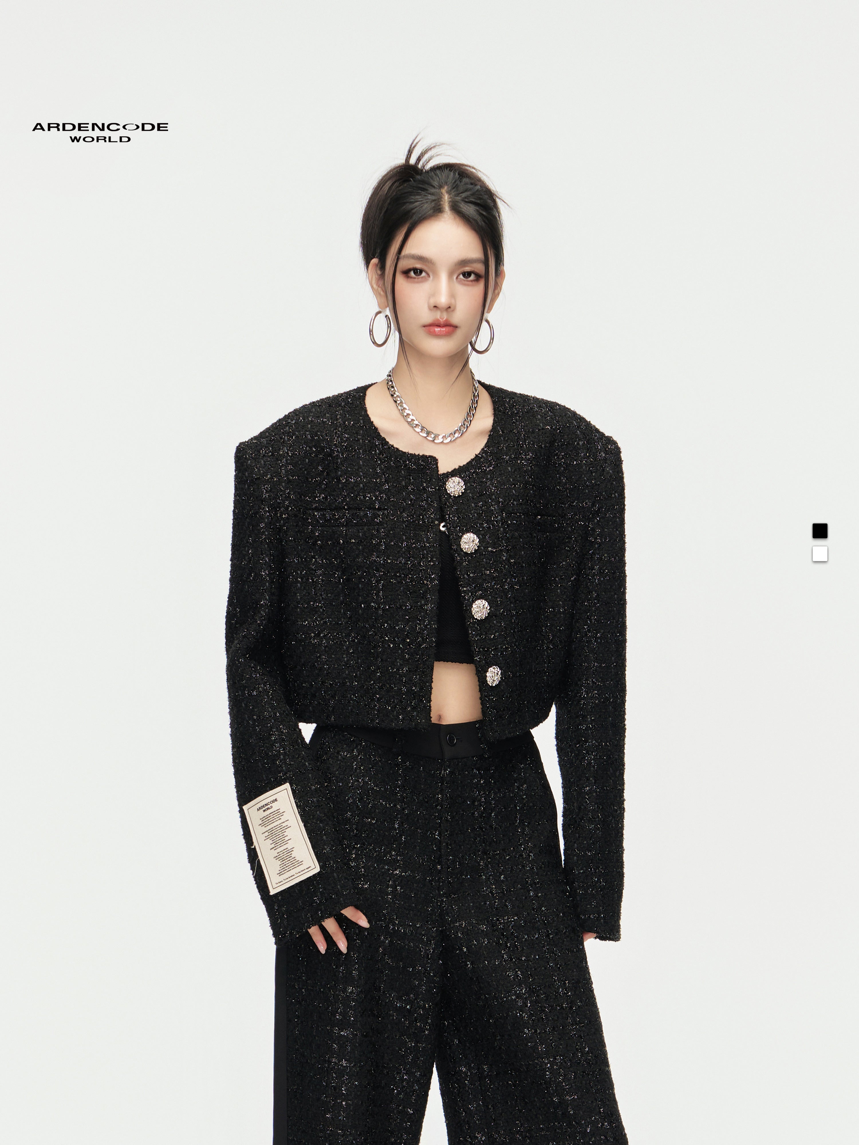Round Neck Wide-Shoulder Wool Tweed Short Jacket