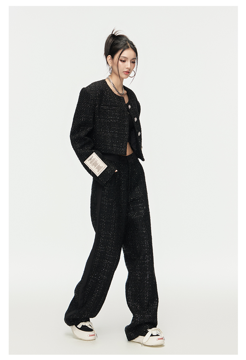 Round Neck Wide-Shoulder Wool Tweed Short Jacket