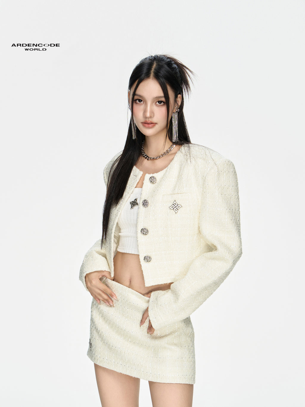 Round Neck Wide-Shoulder Wool Tweed Short Jacket