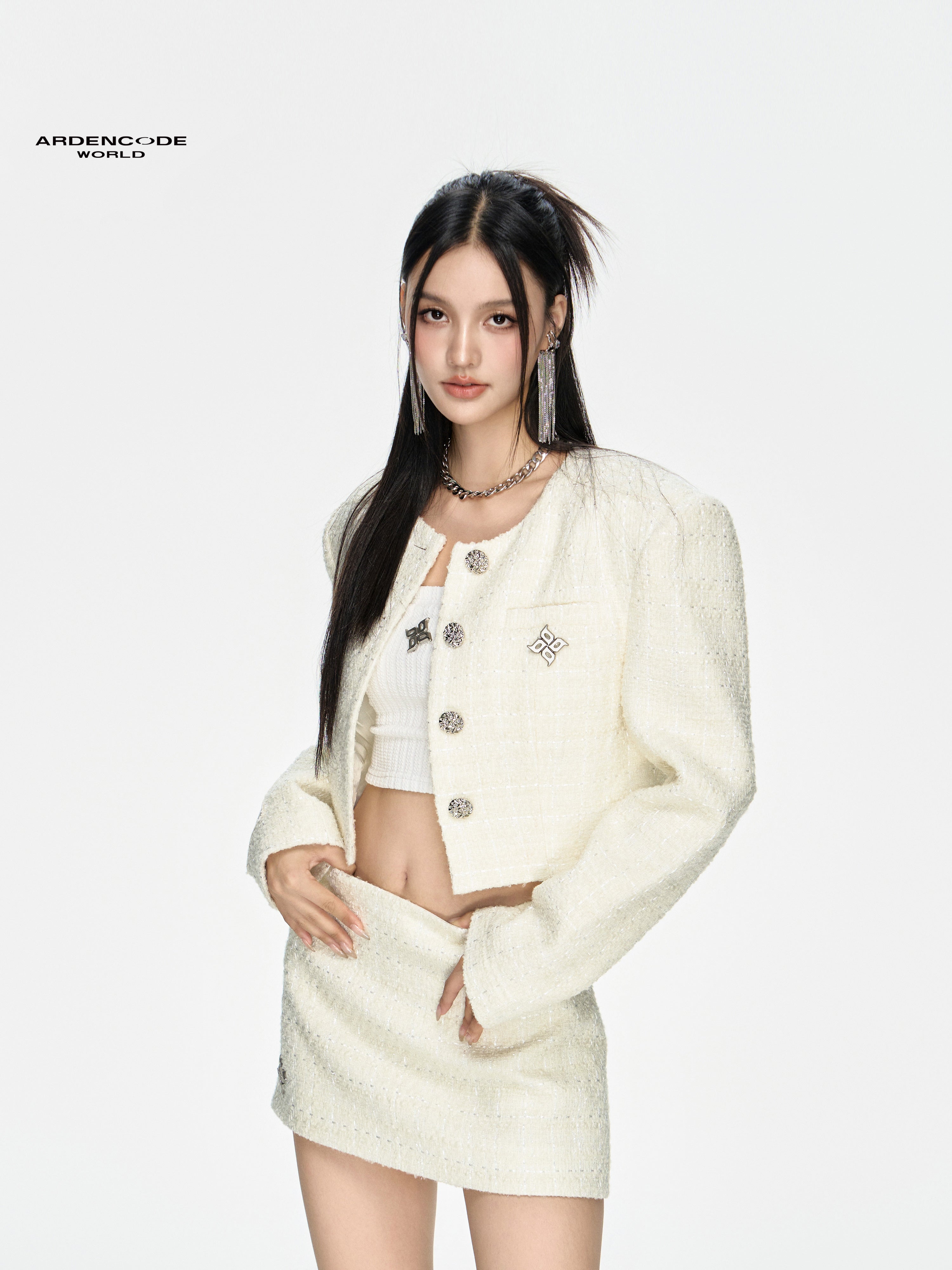 Round Neck Wide-Shoulder Wool Tweed Short Jacket
