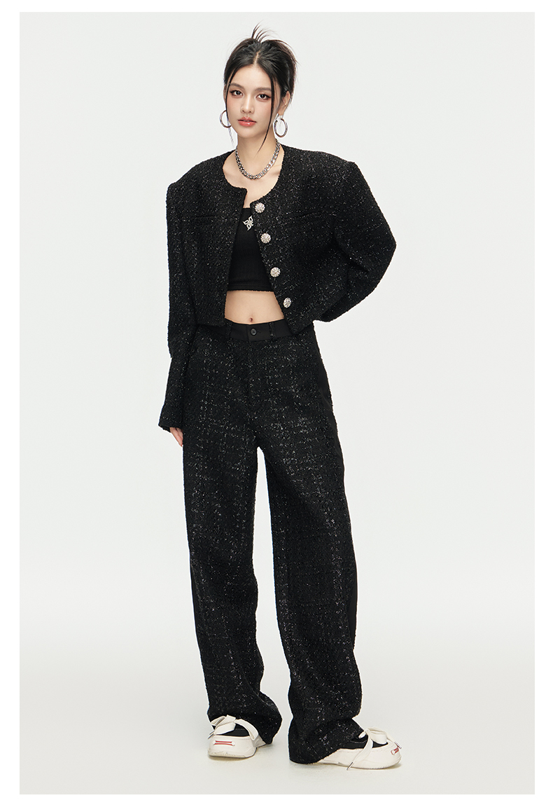 Round Neck Wide-Shoulder Wool Tweed Short Jacket