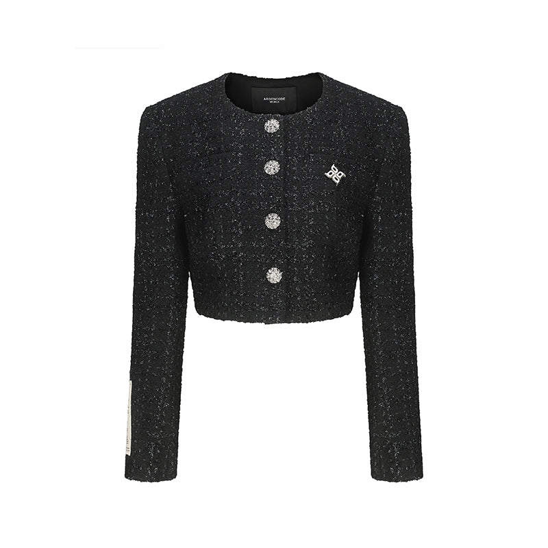 Round Neck Wide-Shoulder Wool Tweed Short Jacket