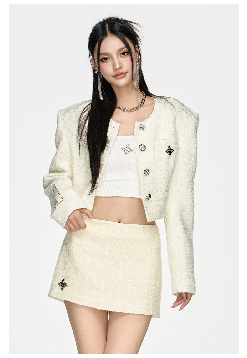 Round Neck Wide-Shoulder Wool Tweed Short Jacket