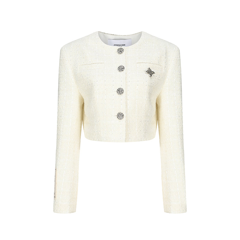 Round Neck Wide-Shoulder Wool Tweed Short Jacket