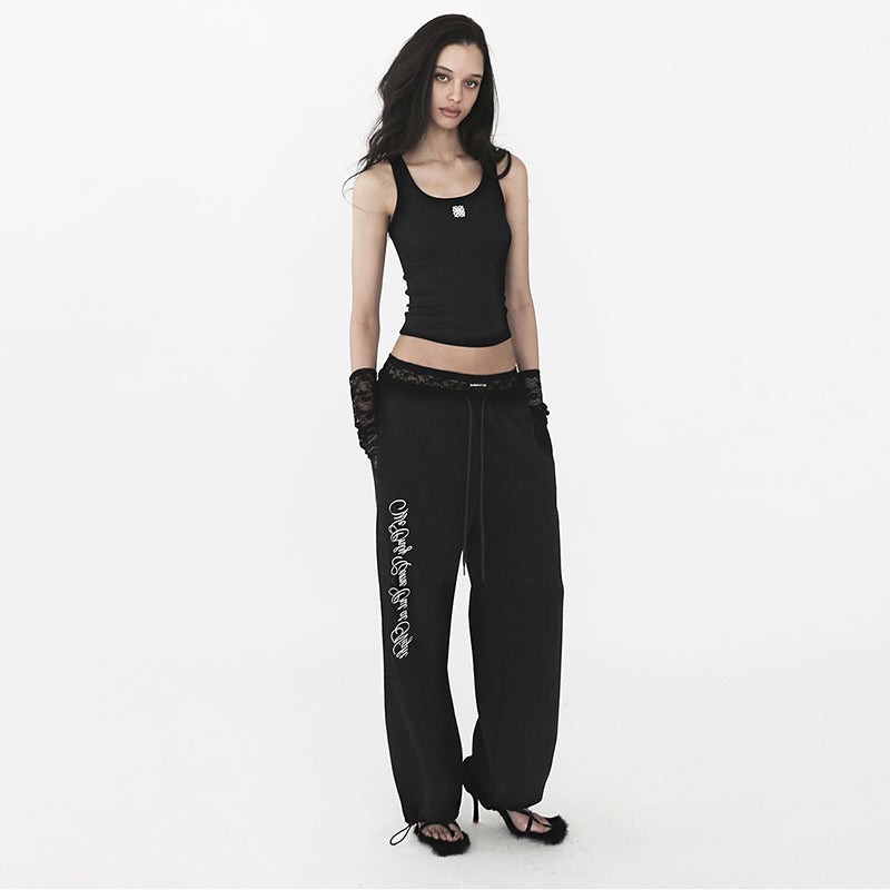 Lace Trim Embroidered Joggers – Loose Fit Streetwear Pants