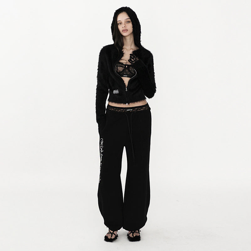 Lace Trim Embroidered Joggers – Loose Fit Streetwear Pants