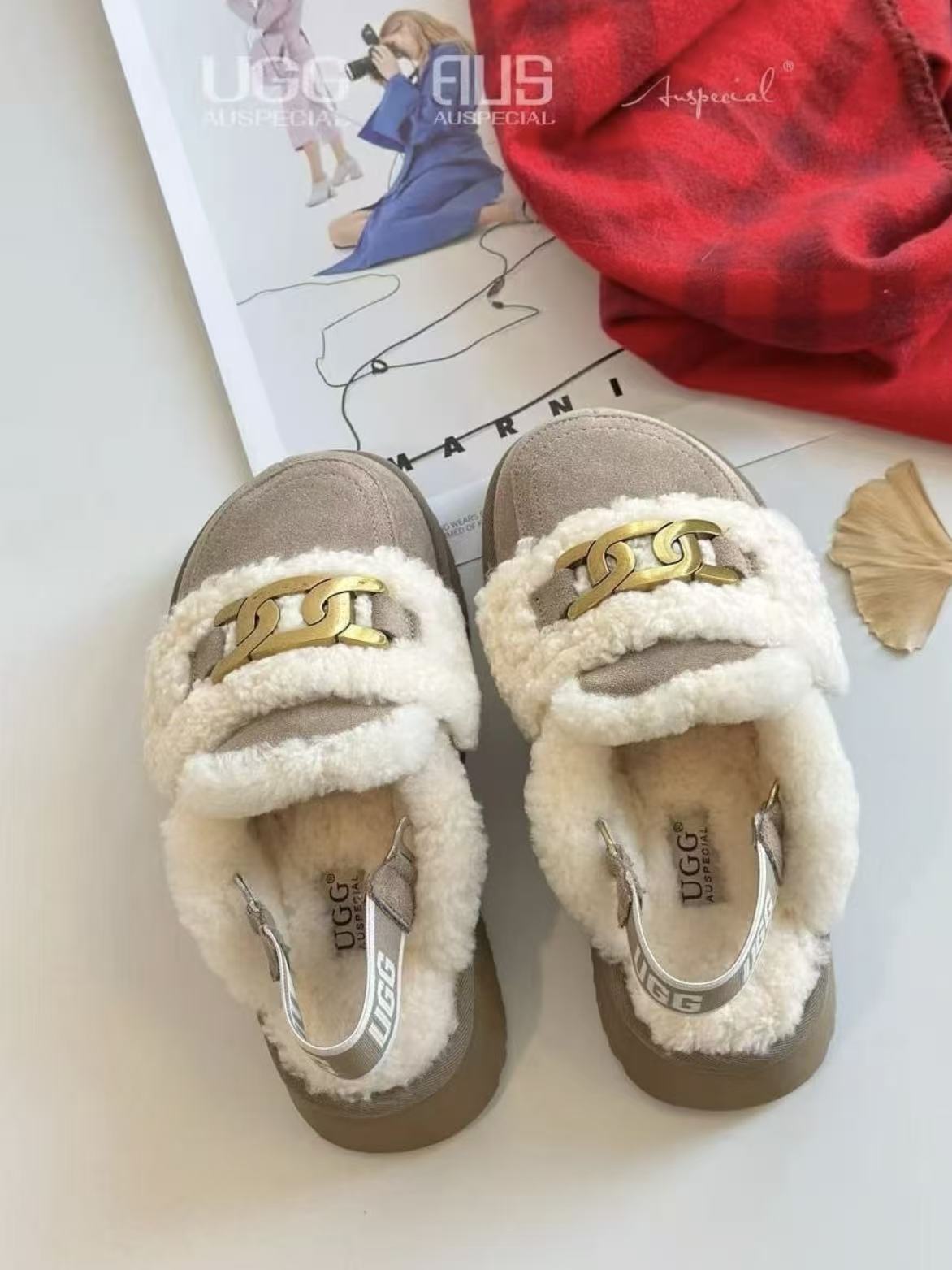 Ozlana Ugg Fur Slippers(removable velcro patch + heel strap)