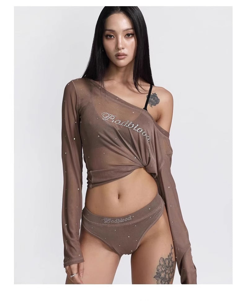 BADBLOOD Sheer Off-Shoulder Rhinestone Mesh Long Sleeve Top