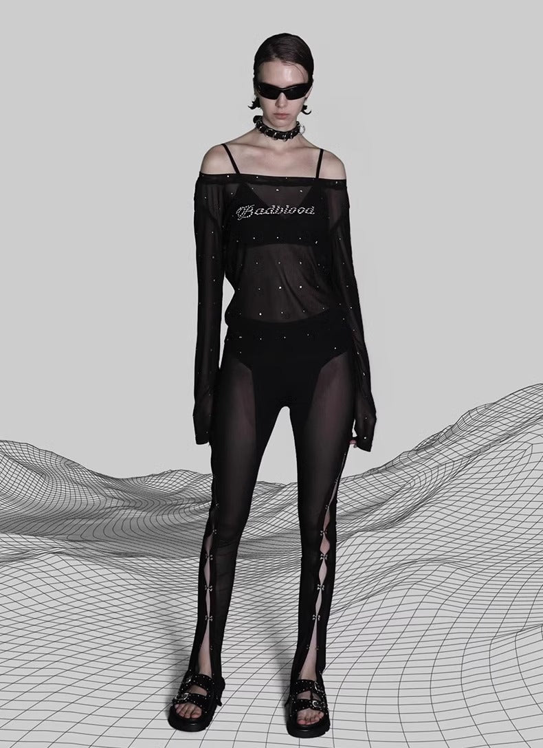 BADBLOOD Sheer Off-Shoulder Rhinestone Mesh Long Sleeve Top