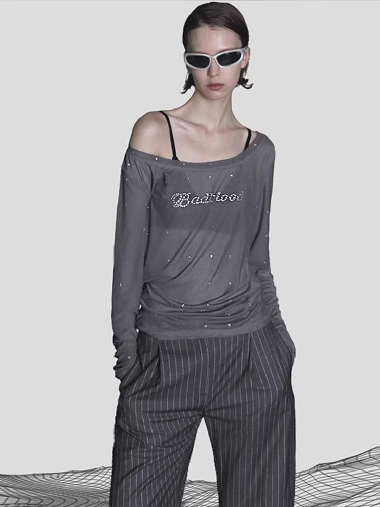 BADBLOOD Sheer Off-Shoulder Rhinestone Mesh Long Sleeve Top