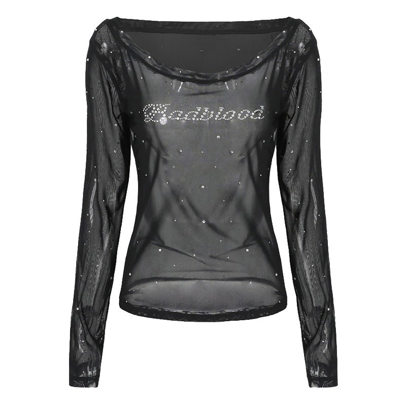 BADBLOOD Sheer Off-Shoulder Rhinestone Mesh Long Sleeve Top