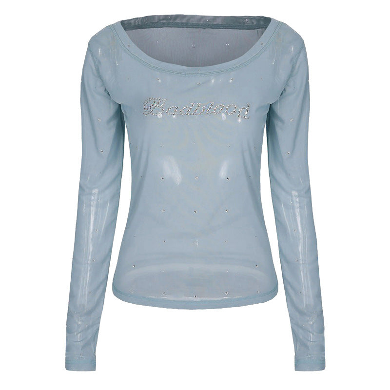 BADBLOOD Sheer Off-Shoulder Rhinestone Mesh Long Sleeve Top