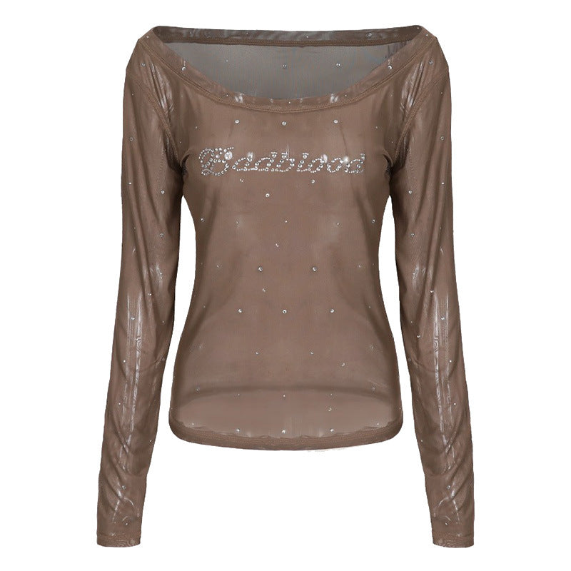 BADBLOOD Sheer Off-Shoulder Rhinestone Mesh Long Sleeve Top