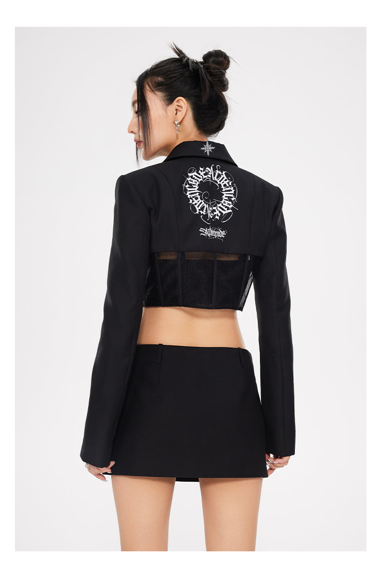 Fishbone Waist Wool-Blend Cropped Blazer Jacket