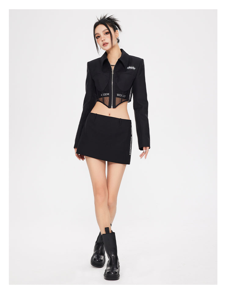 Fishbone Waist Wool-Blend Cropped Blazer Jacket