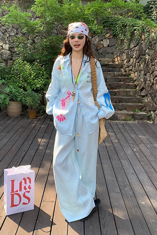 Aqua Marine 长袖刺绣防晒衬衫 长裤 两件套